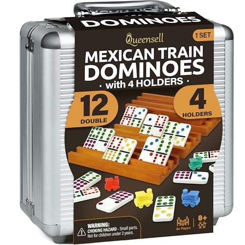 Mexican Train Dominoes Set with 4 Holders - Dominoes Double 12 with Wooden Hub and Tiles Holders - Double 12 Dominos Set for Family Game Night for...