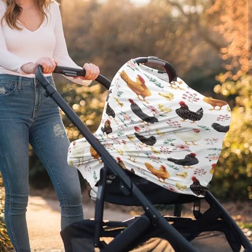 Image of Binienty Babies Car Seat Cover - Rooster Floral Car Seat Covers for Baby Girls Boys Stretchy Multi-Use Breastfeeding Scarf for Moms, Newborn Essentials Baby Shower Gifts