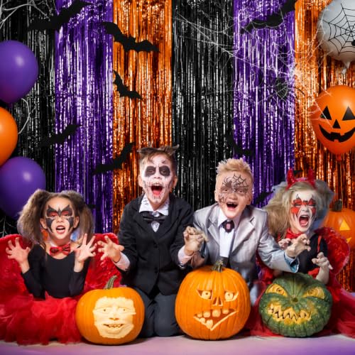 Image of 4 Packs Halloween Foil Fringe Curtain, Orange Black and Purple Metallic Tinsel Backdrop for Birthday, Baby Shower, Bachelorette, Halloween Party Decorations Favors Supplies Indoor Outdoor