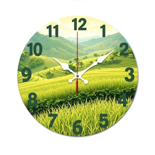 緑の丘陵と稲穂時計 掛け時計 北欧 壁掛 木製 10in/12in 軽量 部屋飾り 人気 ギフト静音 非電波 読みやすい リビングルーム 寝室 オフィス 25*25cm