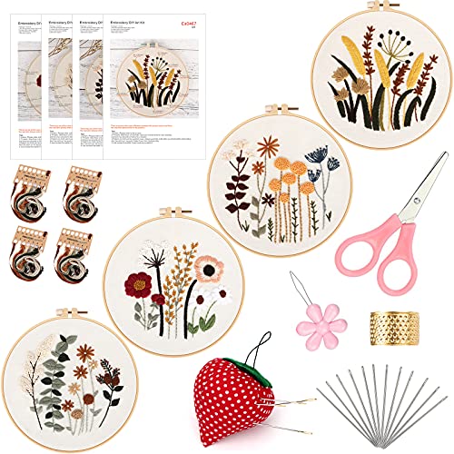 Zocone 4 Set Embroidery Kit For Beginners, Embroidery Starter Kit With Pattern And Instruction, Cross Stitch Kits Include Embroidery Hoop And Complete Embroidery Tools, Needlepoint Kit For Adults (C) #TOP9