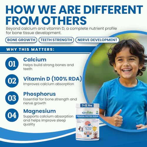 Image of KidVediks Kids Protein Powder for Ages 7-12 yrs (350g) | Nutrition Drink Powder| Brain Booster | Health drink for kids | 8g Protein /Serving | 23 Vitamins & Minerals, DHA, Calcium, Zinc | Chocolate Flavour| No Refined Sugar, Artificial Flavours or Preservatives| Supports Healthy Growth, Development & Immunity Booster| With Almonds, Walnuts, Ashwagandha, Bramhi & Shankhpusphi