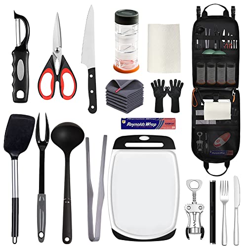 Yorkenbe Camp Kitchen Organiser, High Capacity Camping Cooking Utensils Bag, With Hanging Hooks And Paper Towel Holder, Multi-Pocket Waterproof Portable Storage For Bbq Outdoor Cooking Essentials #TOP2