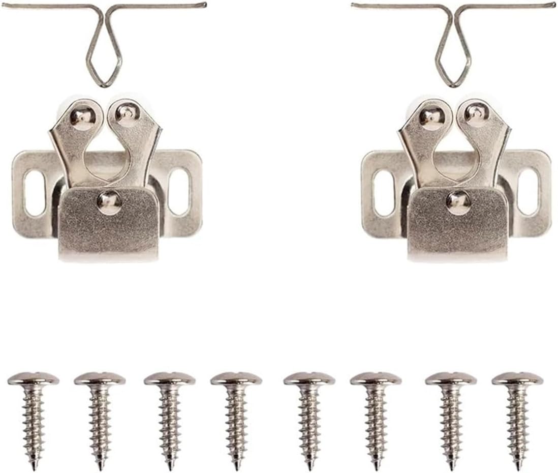 Furniture Door Stoppers Antique Copper Color Cupboard Cabinet Roller Latch Twin Double Catches with Striker and Free Screws(Nickel 2pcs)