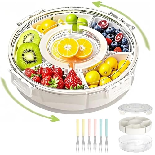 Daguxer Snackbox mit Fächern, Rund Snackteller mit Deckel Spinner Snack Organizer Snack Spinner mit Fächern Snack Platte mit Deckel Geeignet zur Aufbewahrung von Süßigkeiten, Keksen, Obst