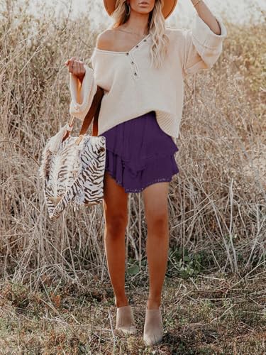 Image of Aoudery Flowy Shorts for Women Casual Boho Ruffle Tiered Skorts High Waist Mini Skirts Golf Tennis Crochet Shorts