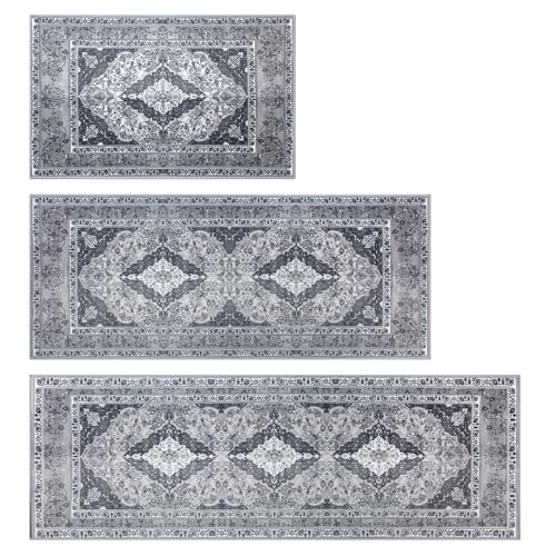 MELAJIA Kitchen Rugs Sets of 3 Washable Non Slip Dark Grey Kitchen Mats 3 Piece Set Boho Kitchen Runner Rugs Carpets for Hallway Front Door Dark Grey(50x80cm+50x120cm+50x150cm)