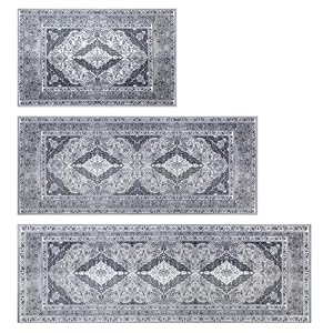 Kitchen Rugs Sets of 3 Washable Non Slip Dark Grey Kitchen Mats 3 Piece Set Boho Kitchen Runner Rugs Carpets for Hallway Front Door Dark Grey(50x80cm+50x120cm+50x150cm)