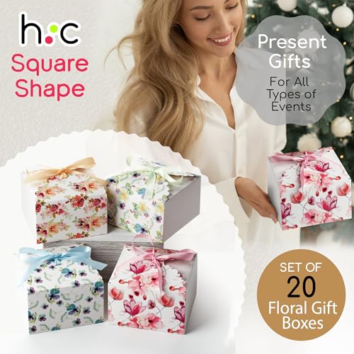 Floral Gift Boxes with Lids & Ribbons, 20 Pack, 5.8” x 3.7” Decorative Small Treat Boxes for Gift Giving, Cookie Tins, Mithai Indian Sweets, Candy, Christmas, Diwali, Favors, Baked Goods, Empty, Bulk