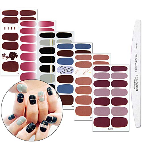 WOKOTO 6 Sheets Full Nail Stickers Pure Color Gradient Grain Full Wraps Adhesive Manicure Decals Strips with 1pcs Nail File for Girls