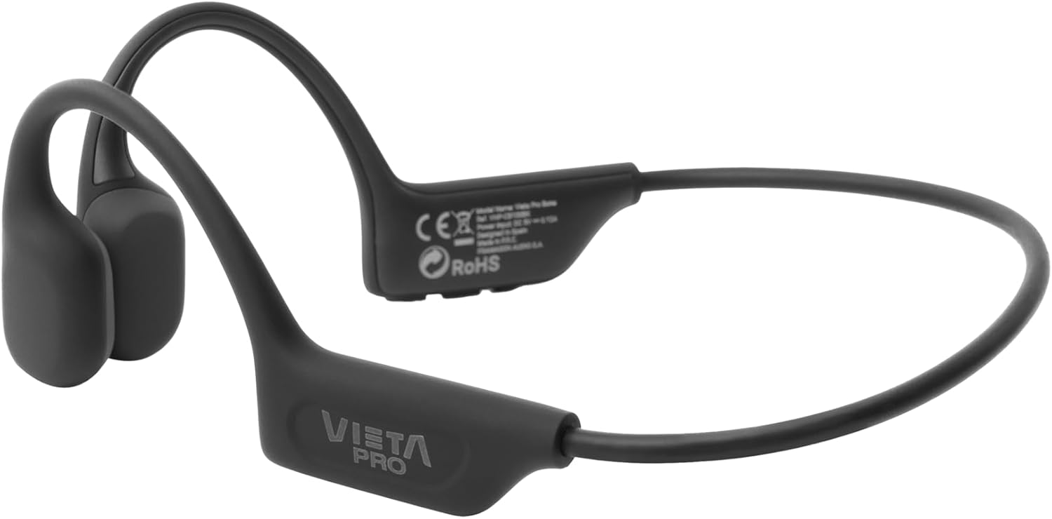 Сиде view of the Vieta Pro Bone headphones, showing the bone conduction transducers and the flexible neckband.