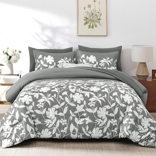 Dintszyayue Grey Comforter Set Queen Size, 7 Pieces Floral Bed in a Bag for Queen Size Bed, Soft Microfiber Flower Leaves Bedding Set for All Season - Image 3