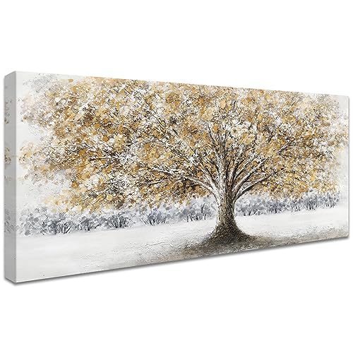 Marco de Madera Grandes Cuadros Decoracion Salon Modernos Lienzo Decorativos Marrón Gris Pintura Imagen Foto Árbol de Otoño Cuadros Decorativos Salon Comedor Dormitorio Decoracion Pared 50x120cm