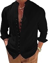 Puimentiua Chemises Casual Homme Chemise Col Mao Homme Cotten Lin Chemise Ete Homme Bouton Chemise Homme Manches Longues Poids LéGer Chemise pour L'éTé