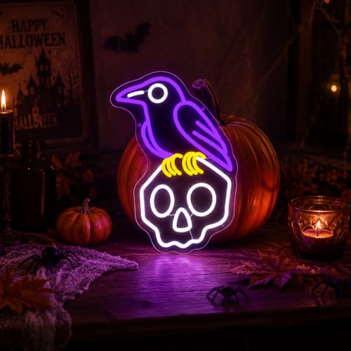 Image of Crow Skull Neon Sign, Halloween Neon Light Led Gothic Spooky Halloween Decor Sign, for Bedroom Home Office Man Cave Spooky Night Light Bar Game Room Party, Birthday Gift(15.7 * 9.4 In)
