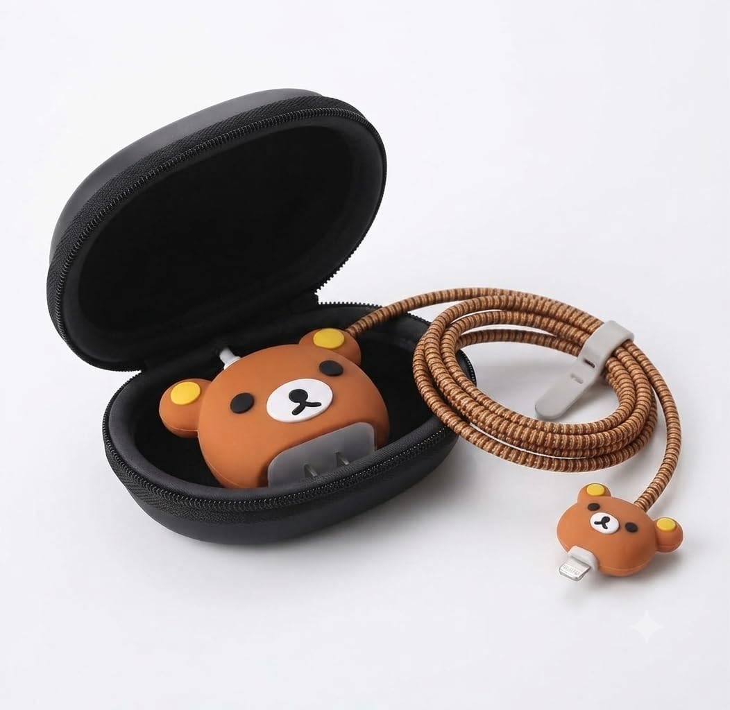 EDNITA Charger Case Cover with Pouch Protector with 3D Cute Pattern for iPhone Charger only 18W & 20W, Data Charging Cable Wire Saver Protective Full Protection (Orange Bear with Black Pouch)-image-27
