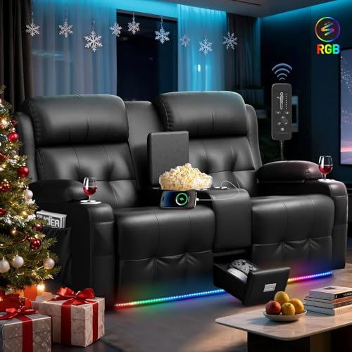 Loveseat Recliner Sofa, Home Theater Seating Massage Reclining Couch with LED Lights, USB, Center...