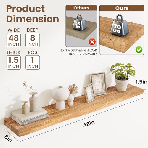 Image of Acovy Extra Deep 48 inch Long Live Edge Rustic Floating Shelves for Wall, Solid Wood Wall Shelves with Invisible Bracket Mount for Living Room Bathroom Bedroom Kitchen, Set of 1, Natural