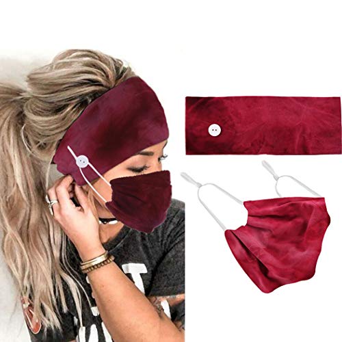 Gortin Boho Headbands Button and Mouth Shield Flower Head Bands Workout Turban Headband Stretch Wide Head Wraps Yoga Cloth Hair Bands Fashion Hair Accessories for Women and Girls (Red)