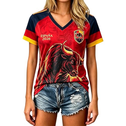 Genérico Manga Corta España Mundial 2026 Camiseta gráfica Mundial de fútbol para Uso Cotidiano con Estampado Moderno y Cuello en V Ideal para Mujer (Red, M)