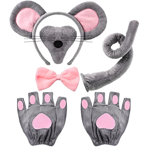 Sintege 5 Stück Maus Kostüm Set Tierkostüm Zubehör Maus Ohren Stirnband Maus Nase Schwanz Handschuhe Fliege Tier Cosplay Accessoires für Kinder Erwachsene Halloween Geburtstag Party Welttag des Buches