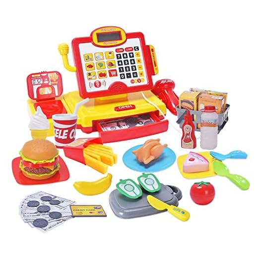 FS Toys Pretend Play Calculator Cash Register with Real Scanner, Microphone, Play Food, Supermarket Cashier, Great Pre-School Gift for Kids, Toddlers, Boys & Girls, Ages 3 4 5 6 7 8