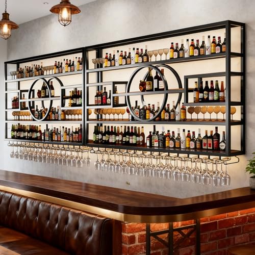 Image of 126in Wine Rack Wall Mounted, Large Capacity Hanging Wine Bottles Display Shelf with Glasses Holder, 4 Tier Industrial Bar Liquor Storage Shelves for Home Bar Kitchen,Living Room (Black, 126in)
