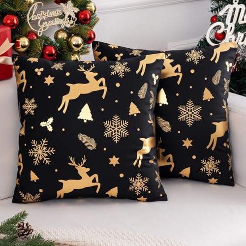 Ardjxue 2er Set Weihnachts Kissenbezug Schwarz Gold Elch Kissenbezüge...