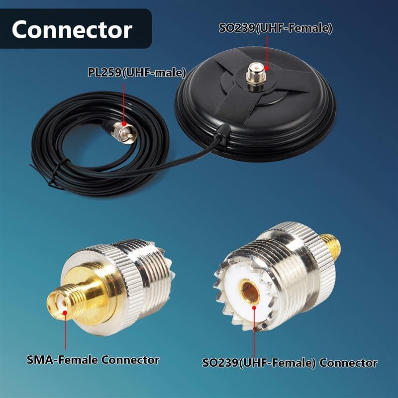 Heavy-Duty Magnetic Mount Antenna Base, 155mm/6.1" Diameter with 5m RG58 Cable & UHF (PL259) to SMA-Female Adapter for Baofeng UV-5R BF-F8HP AR-152 Quansheng K6 UVK5(8)