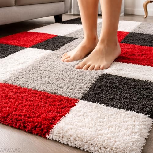 Image of 3D Shaggy Polyester Carpet Rug Runner Area Mats for Bedroom /Living Area /Home with Anti Slip Backing Soft /Fluffy Hight Pile - (3D Red B, 2x6 feet)