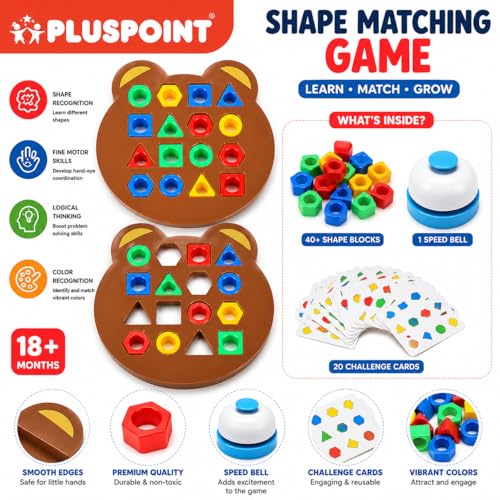 Image of PLUSPOINT Shape Matching Puzzle Game for Kids | 30 Question Cards,32 Colorful Shapes,2 Bear Boards & Bell | Educational STEM Toy for 3+ Years |Montessori Learning Toy for Shape & Color Recognition