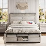 madeslves Wooden Bed Frame Full Size with Headboard & Sliding Barn Door Storage Footboard, Farmhouse Platform Bedframe with Charging Station, No Box Spring Needed, Boho White