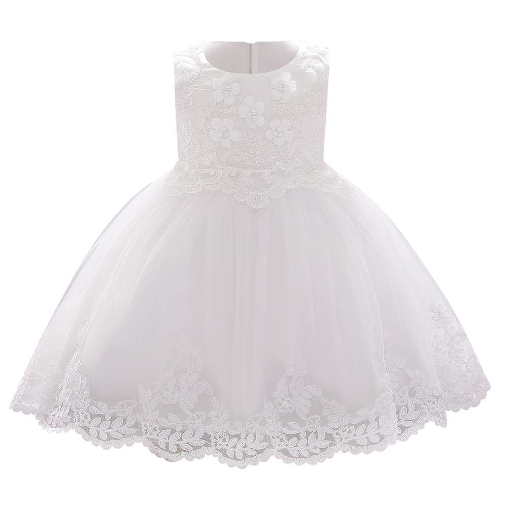 Toddler Baby Girls Formal Princess Dress Embroidered Lace Applique Flower Beaded Christening Baptism Tulle Tutu Gown Wedding Birthday Party Bridesmaid Pageant Prom Evening Dress White 12-18 Months
