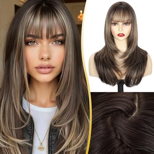 Sakuraaa Ombre Brown Straight Wig with Bangs 20 Inch Medium