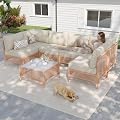 Vikiullf Patio Conversation Sets, 7 Piece Outdoor Furniture Set with Thick Cushions, Wicker Sectional Sofa Set with Coffee Table for Backyard, Poolside, Garden (Beige)