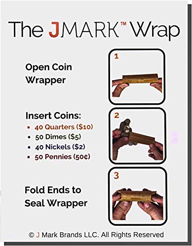 J Mark 400 Neatly-Packed Flat Coin Roll Wrappers Assorted, Made In Usa, (Quarters, Dimes, Nickels, Pennies), Aba Striped Kraft Paper Coin Rolls Wrappers, Includes J Mark Deposit Slip #TOP4