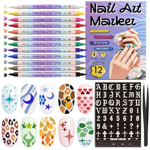 12 Dual Tip Nail Art Acrylic Markers Pens 7 Nail Stencils Cute Heart Butterfly Flowers Star Nail Stickers for Women Girl Flexible Brush Tip Bright Colors DIY Nails Art Design Tools