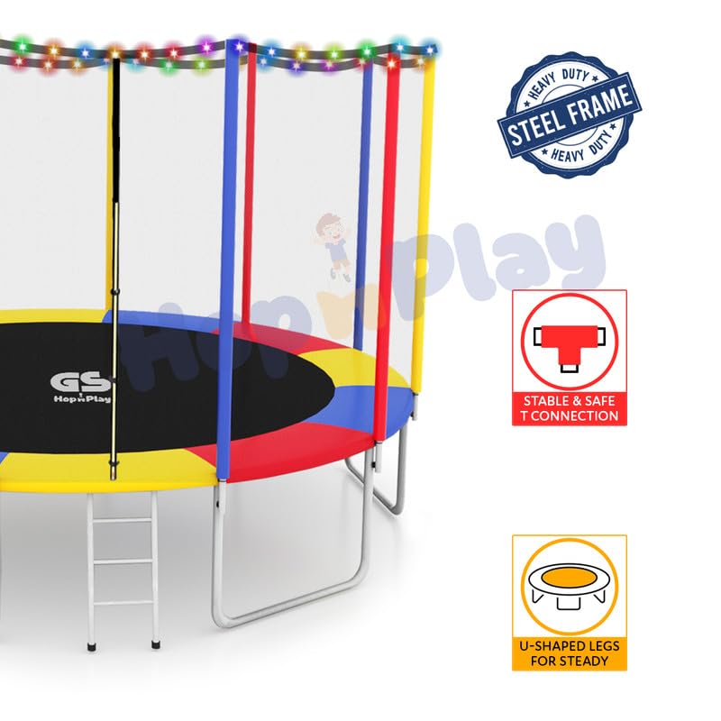 Image of Hop N Play Festive Edition 16 feet Heavy-Duty Jumping Trampoline for Adults & Kids with Safety Net, Remote-Control Waterproof LED Lights- Perfect for Indoor & Outdoor, Bouncer, Supports Up to 300kg