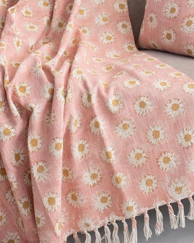 Image of Cotton Sofa Throw Floral Printed, Pink Couch Cover, 177.8 x 127 cm or 50x70 Inch (Sunflower Daisy Print)
