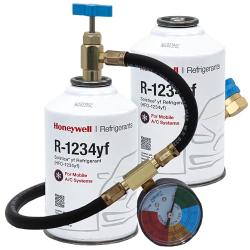 ZeroR® R1234YF Refrigerant Recharge Kit with 2 X 8oz R1234YF Can & 24' HD Brass Can Tap Gauge -, Ideal for Automotive AC Systems, Reverse-Thread Design - Easy Access to Hard-to-Reach Ports