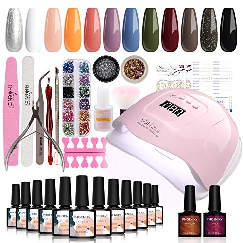 Phoenixy Gel Nail Polish Kit with 80W LED U V Nail Lamp 12 Colors Soak Off Gel Nail Polish, Top and Base Coat Manicure Tools All In One Beginner Starter Kit
