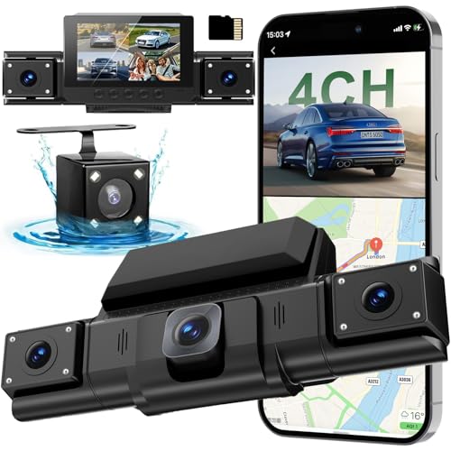 Image of 4 Channel Dash Cam,360 All-Around View Front Rear Left Right Inside Car Camera,3 inch IPS Screen,4-Way Dash Cam with 24H Parking Mode,Built-in GPS,8 IR Night Vision,G-Sensor,Free TF Card Included