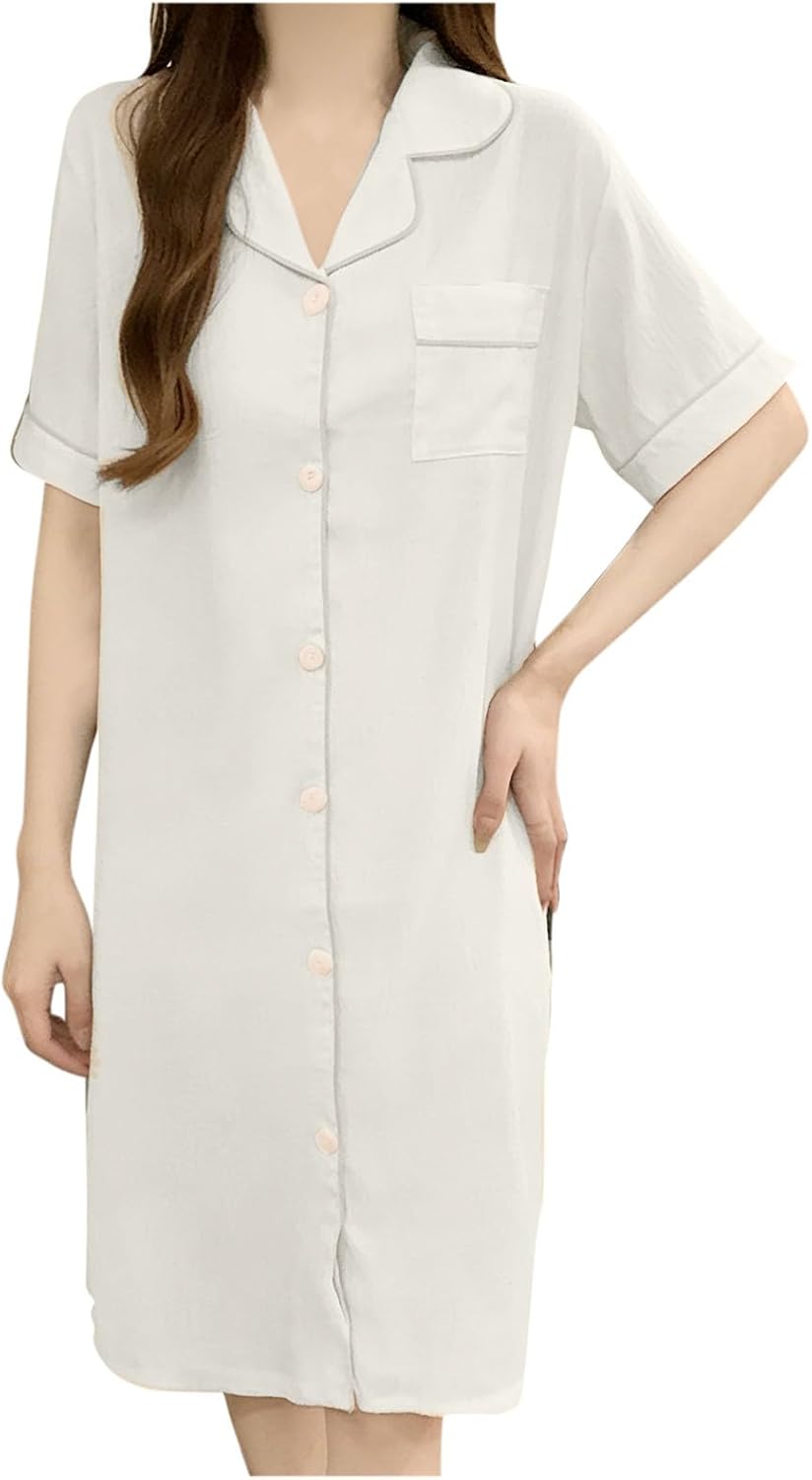 Nightgown for Women Button Down Short Sleeve Sleepshirt Nightshirt 2026 V Neck Soft Lounge Pajamas Dress with Pocket