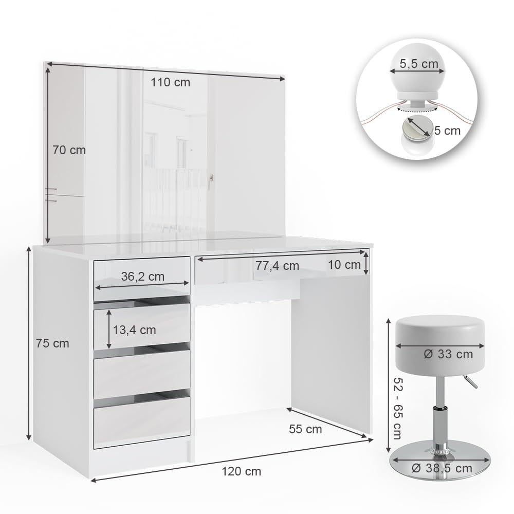 Vicco Schminktisch Sherry, Weiß, 120 cm | mit LED Beleuchtung und Hocker, geeignet zur täglichen Nutzung mit stabilem Untergestell
