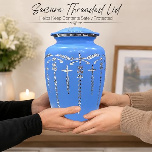 Image of Urns Human Ashes Adult Male /Female,Creamation Urn for Human Ashes Adult Man /Women,200+ Cubic inch Capacity,Decorative Burial Urn, Funeral Cremation Urns 11x6.5 - Sky Blue