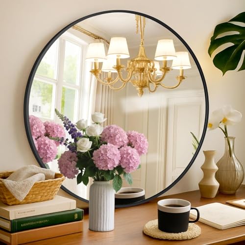 Image of Round Wall Mirror with Durable Wooden Frame - 30 inch (Black) | Modern Decorative Wall Hanging Mirror for Bathroom, Bedroom, Basin, Dressing Table, Entryway & Home Interior Decor