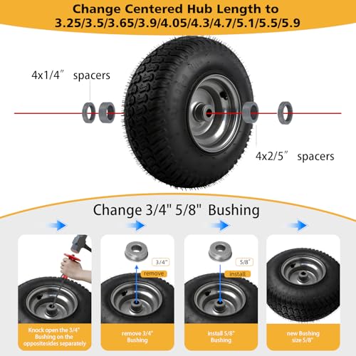 (2 Pack)13x5-6 Tubeless Riding Mower Tire and Wheel,Tubeless,3/4\" and 5/8\" Bushings, 3-5\" Centered Hub,Compatible with Riding Mowers and Garden Tractors