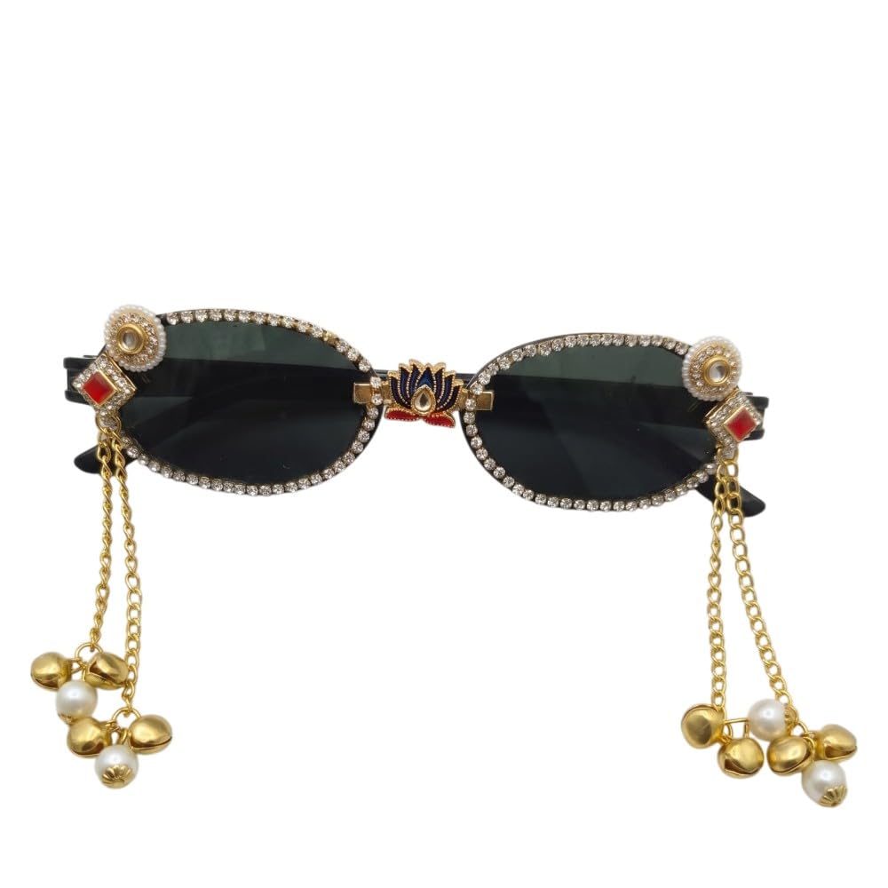 Royal Ghungroo Designer Sunglasses for Women | Sparkling Stone Studded Oval Shades with Pearl Drops | UV Protected Ethnic Fashion Eyewear for Weddings, Baby Showers & Festive Celebrations-image-38