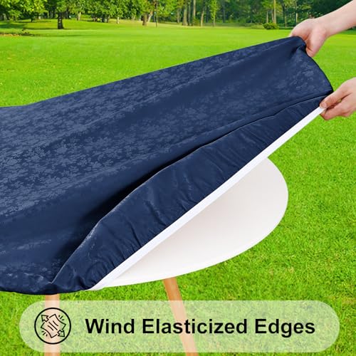 Image of Smiry Waterproof Heavy Duty Vinyl Fitted Tablecloth for 36 inch-44 inch Round Table | Elastic Plastic Table Cloth, Wipeable Washable Floral Patio Table Cover for Picnic, Kitchen and Dining, Navy