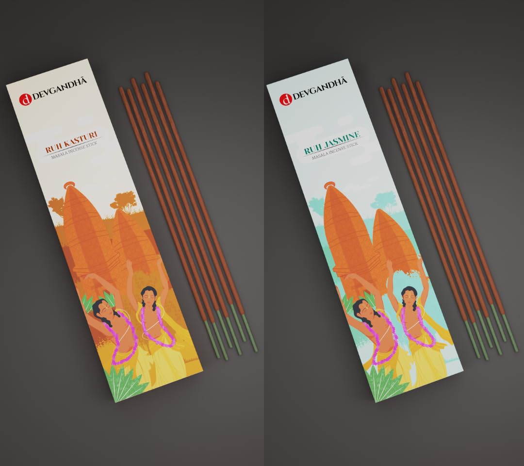 Devgandha Pack of 2 Incense Sticks | Charcoal-Free Incense Stick | 2 fragrances Ruh Jasmine & Ruh Kasturi | 200 GM (Approx. 100 Sticks)
